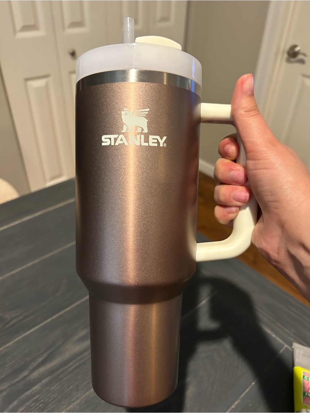 Stanley Metallic Bronze Travel Tumbler with White Handle and Lid